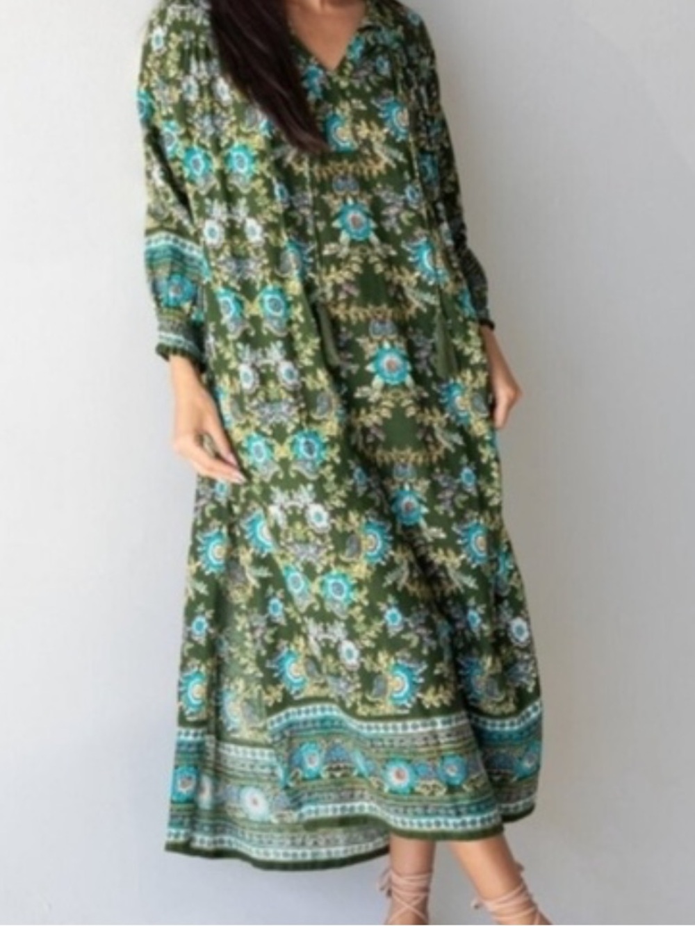 Natural Life S Dara Green floral split tassel neck shabby boho chic maxi dress